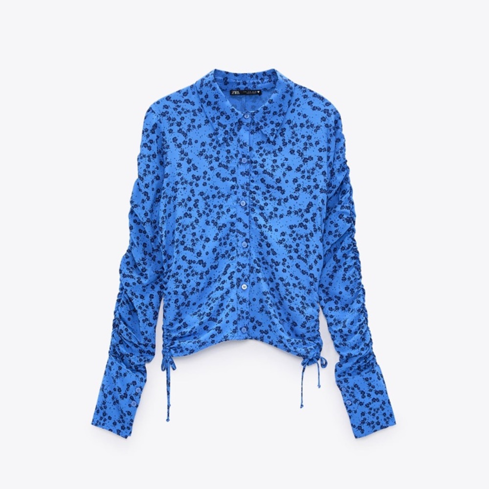 NWT ZARA Blue Button Down Print Shirt M